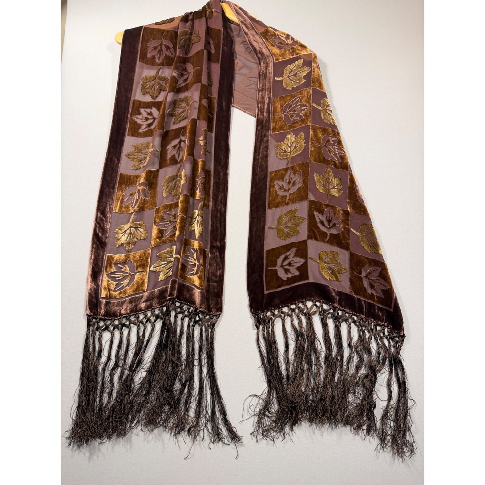 Valerie Stevens Brown Silk Blend Velvet Burnout Leaf Print Fringe Scarf Wrap